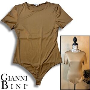 Gold Brown Camel Short Sleeve Bodysuit Tee by Gianni Bini, Snap Closure, Size L.